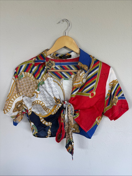 Banjul Tops - multicolor baroque scarf-print tie-front crop